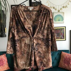 COLDWATER CREEK sz L Brown Batik Print Stretch Mesh 3/4 Sleeve Pullover Top